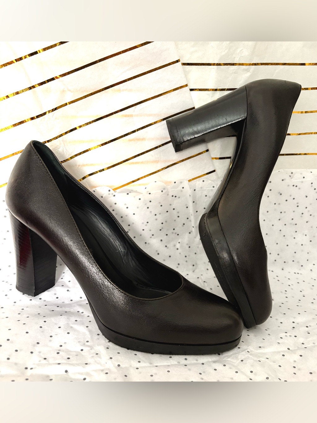 Bally Emblem Black Pumps High Block Heel 100% Genuine Italian Leather